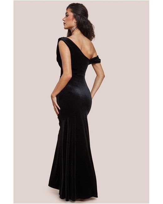 Goddiva Black Cowl One Shoulder Velvet Maxi Dress