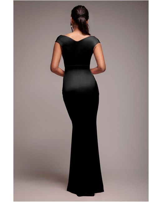 Goddiva Black Satin Off The Shoulder Maxi Dress