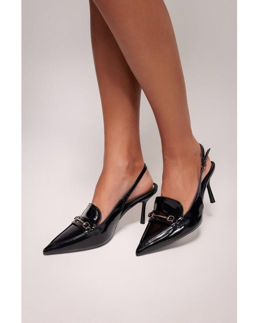 Goddiva Black Metal Accent Pointed Patent Slingback Shoes