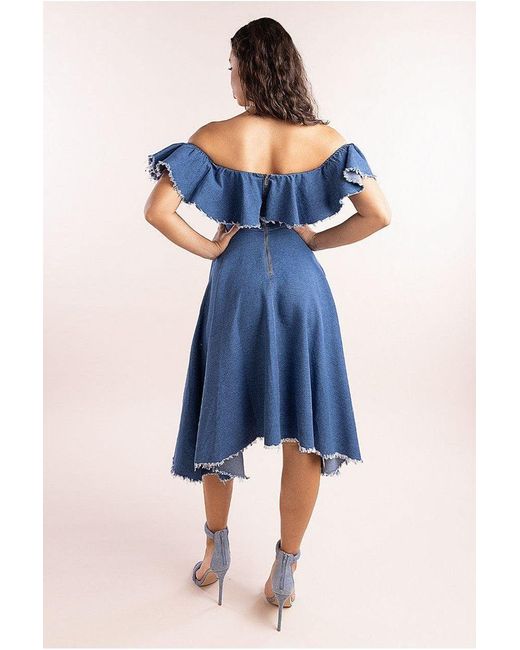 Goddiva Blue Denim Frilled Bardot High Low Dress