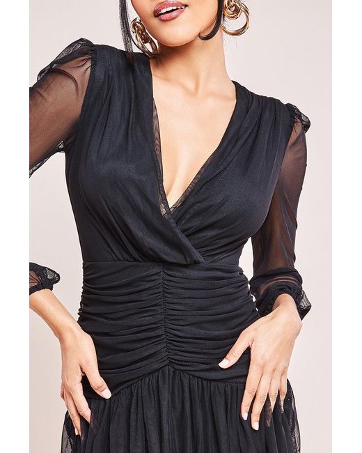 Goddiva Black Gathered High & Low Tiered Midaxi Dress