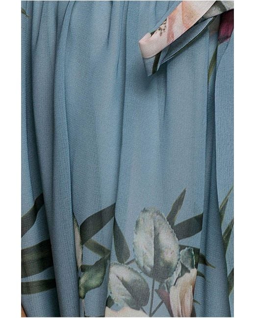 Goddiva Blue Floral Printed Flutter Sleeve Chiffon Midi Dress