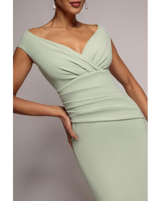Goddiva Brown Bardot Pleated Midi Dress