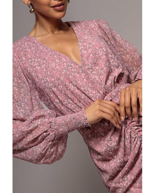 Goddiva Gray Printed Long Sleeve Drawstring Midi Dress