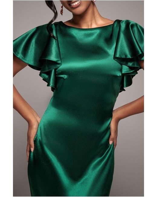 Goddiva Green Satin Flutter Sleeve Mermaid Maxi