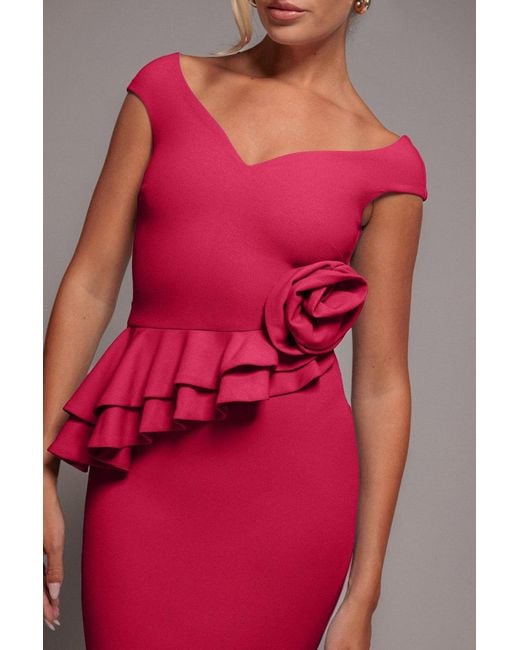 Goddiva Pink Scuba Crepe Rose Frill Maxi Dress