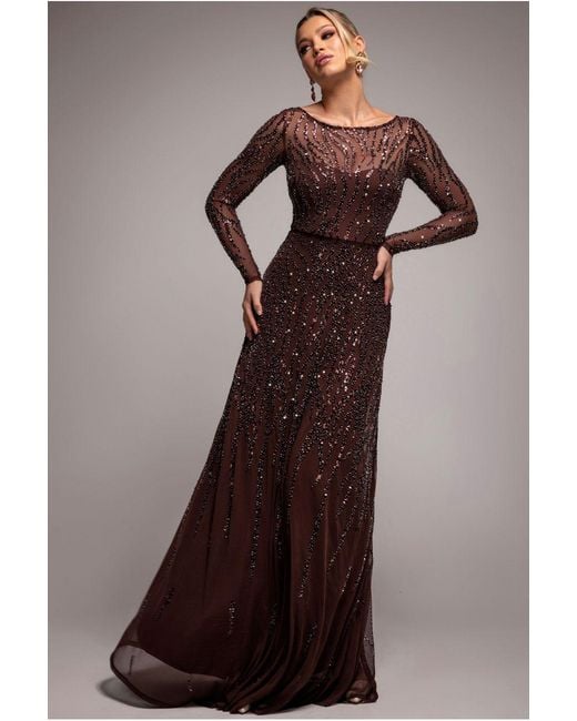 Goddiva Brown Ombre Sequin Beaded Flared Long Sleeve Maxi Dress