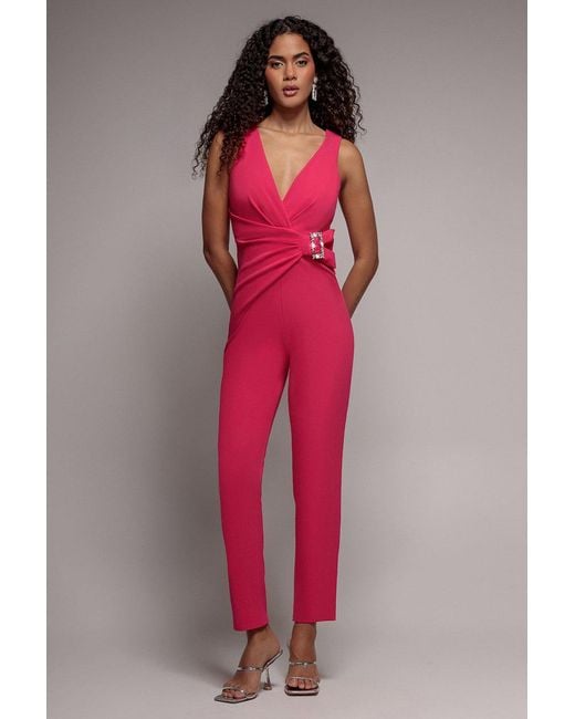 Goddiva Pink Buckle Plunge Bow Detail Jumpsuit