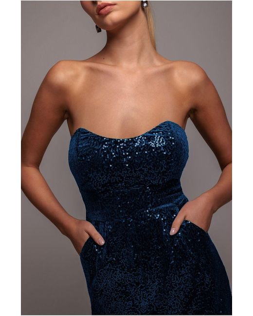 Goddiva Blue Sequin & Velvet Corset Jumpsuit