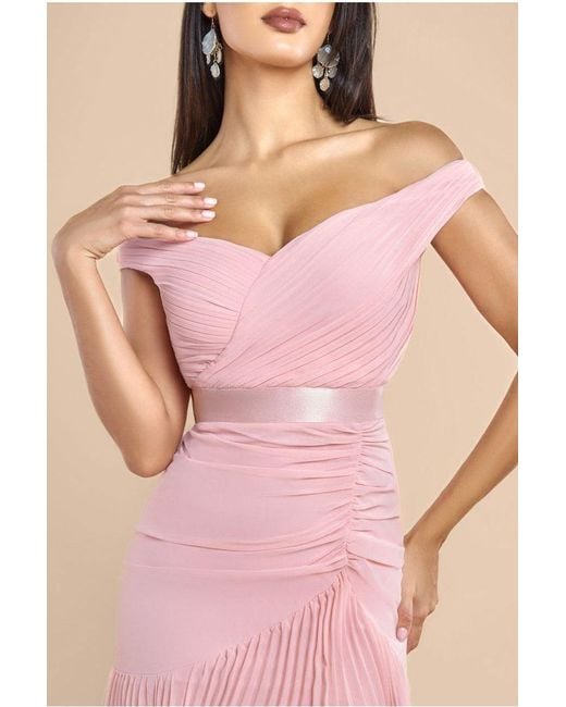 Goddiva Pink Pleated Bardot High Low Tier Chiffon Midaxi Dress