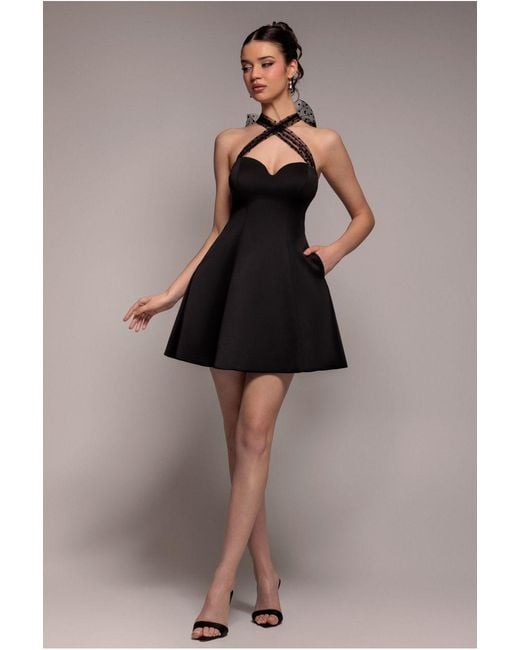 Goddiva Brown Scuba & Polka Mesh Bella Bow Multiway Skater Mini Dress