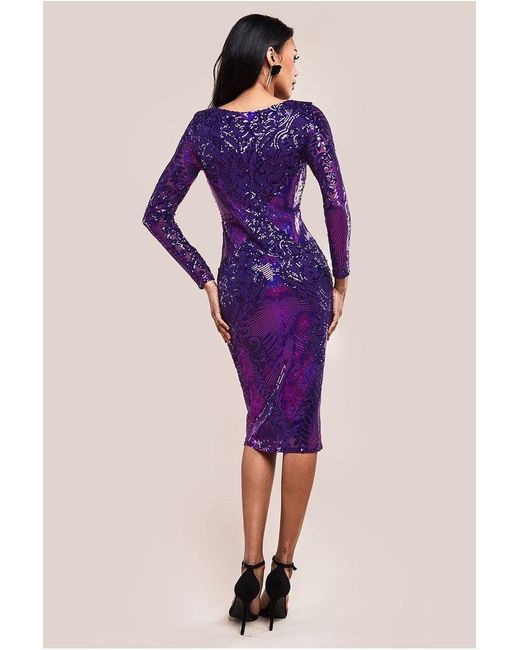 Goddiva Purple Contrast Sequin Long Sleeve Midi Dress