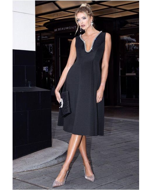 Goddiva Blue Diamante Embellished Neck A-Line Midi Dress