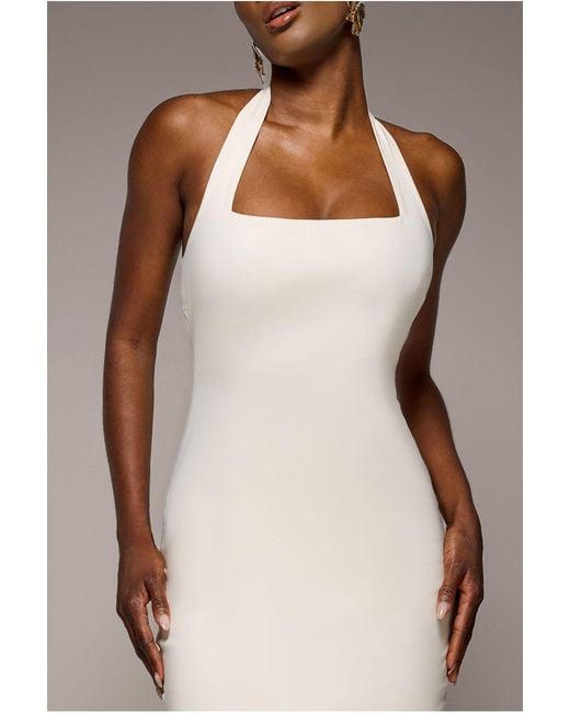 Goddiva Natural Halter Neck Puff Hem Mermaid Midaxi Dress