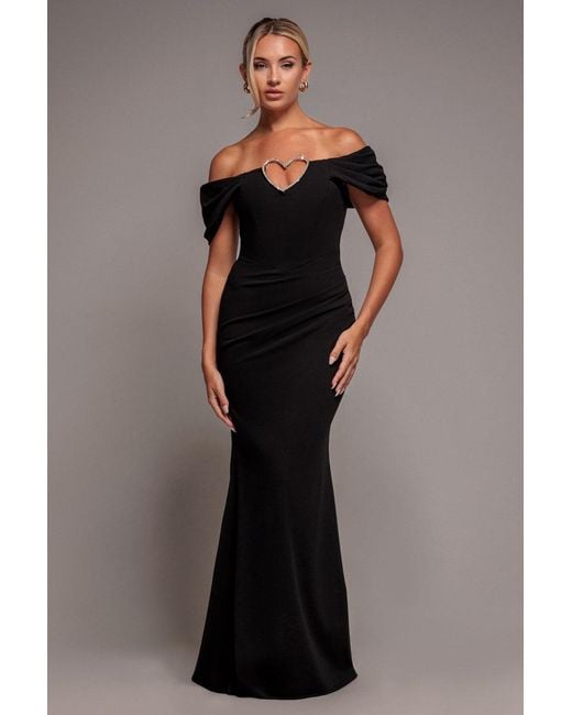 Goddiva Black Diamante Heart Trim Evening Maxi Dress