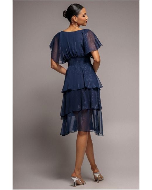 Goddiva Blue Chiffon Layered Flutter Sleeve Midi Dress