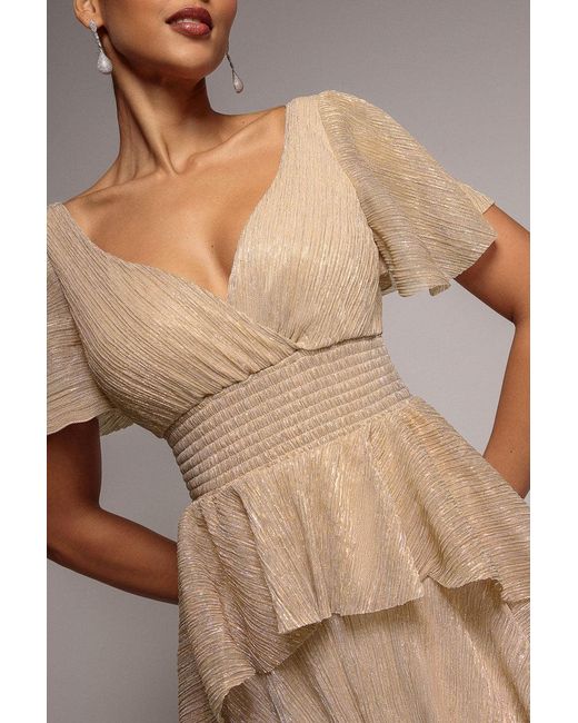 Goddiva Brown Crinkle Lurex High Low Layered Midi Dress
