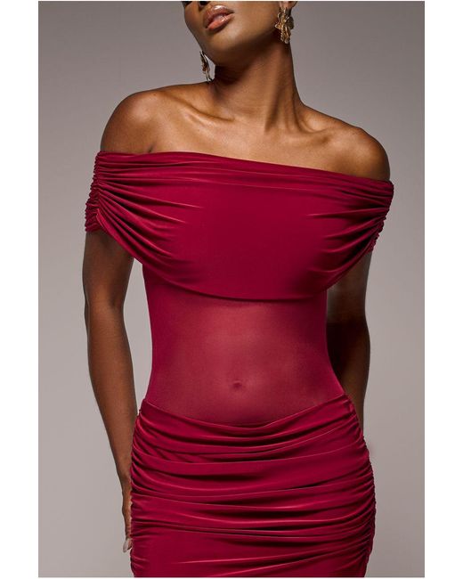 Goddiva Gathered Off The Shoulder Mesh Waist Panel Maxi Dress