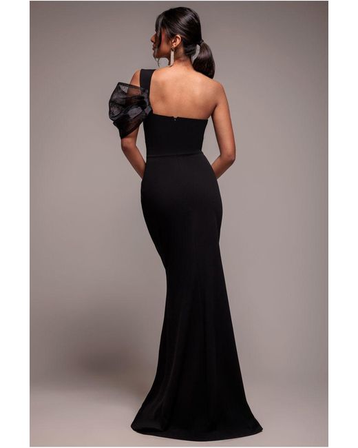 Goddiva Blue Organza Bow One Shoulder Scuba Crepe Maxi Dress