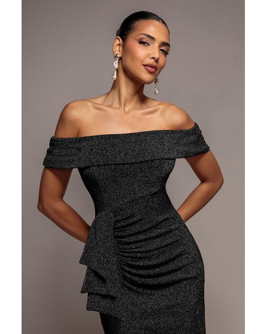 Goddiva Black Sparkle Bardot Maxi With Waterfall Ruffle