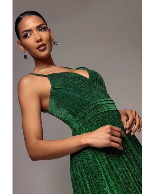Goddiva Green Sleeveless Pleated A Line Lurex Maxi Dress
