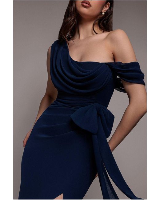 Goddiva Blue One Shoulder Cowl With Bow Detail Maxi Dress