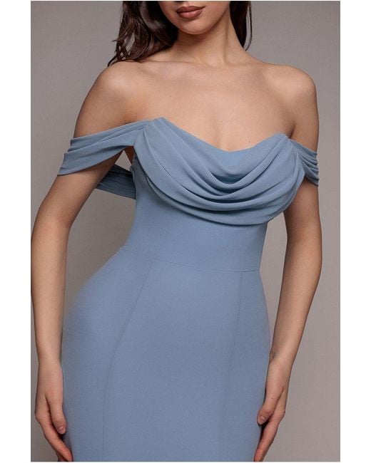 Goddiva Blue Chiffon Bardot Cowl Neck Maxi Dress