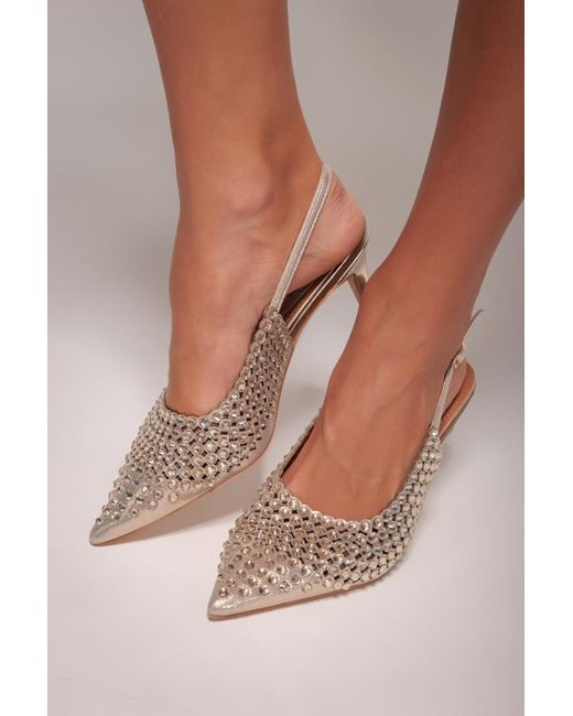 Goddiva Natural Pearl Embellished Slingback Heeled Court Shoes