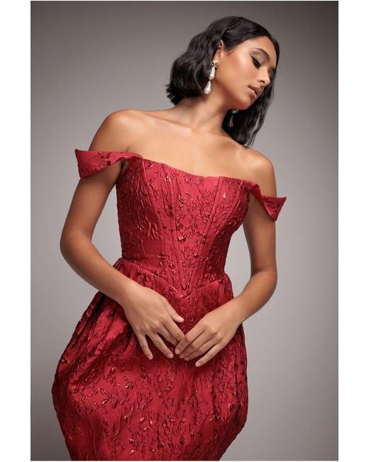 Goddiva Red Corset Balloon Skirt Lace Up Back Mini Dress