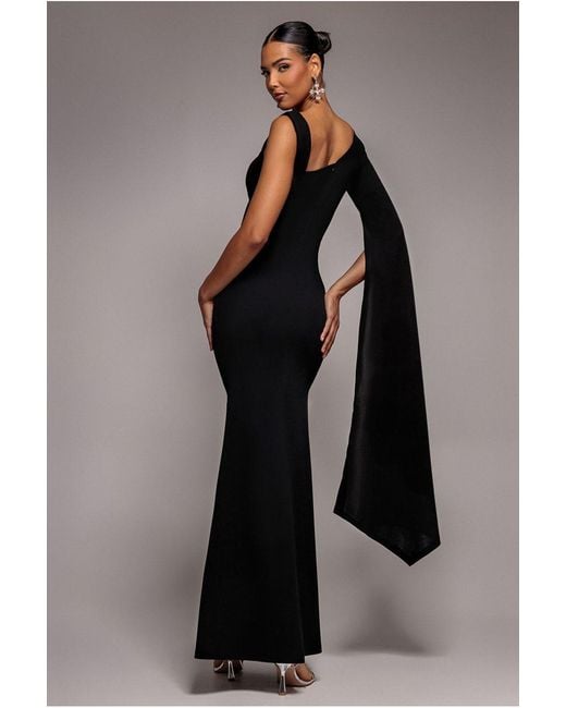Goddiva Black One Shoulder Cape Sleeve Maxi Dress