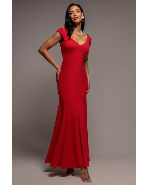 Goddiva Red Capped Sleeve V Neck Pleated Fit & Flare Maxi Dress