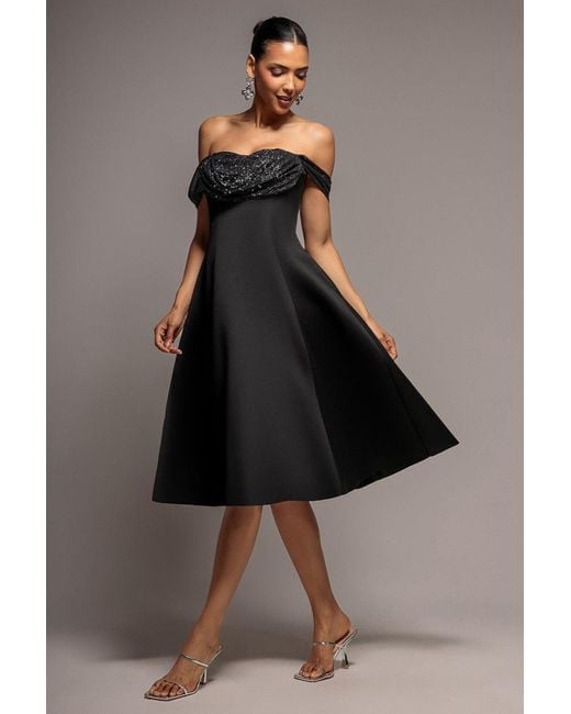 Goddiva Blue Sparkle Chiffon Cowl Bardot Skater Midi Dress