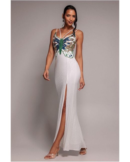 Goddiva Natural Sequin Butterfly Front Split Maxi Dress