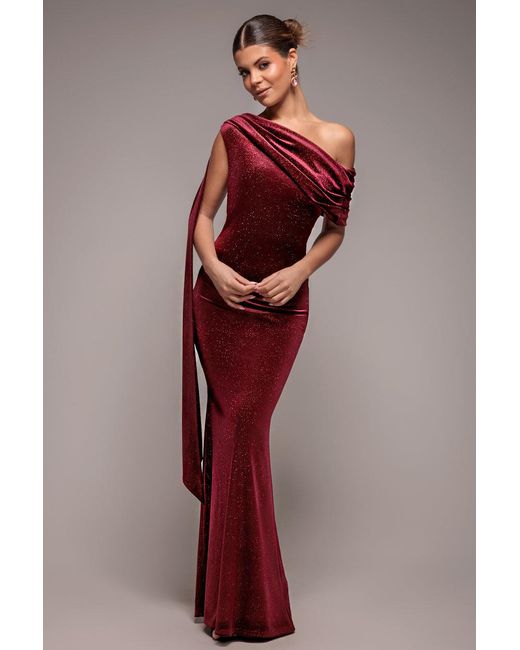Goddiva Red Glitter Velvet Sash One Shoulder Bardot Maxi Dress