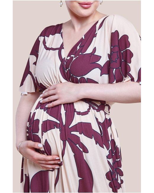 Goddiva Pink Maternity Leaf Print Flutter Sleeve Maxi Dress