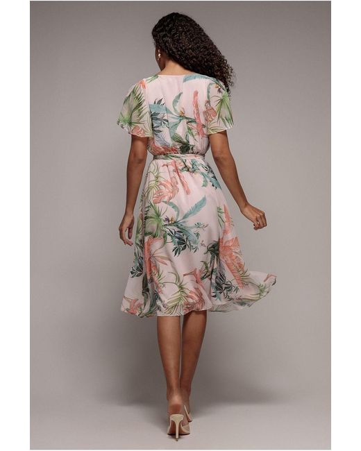 Goddiva Pink Floral Printed Flutter Sleeve Chiffon Midi Dress
