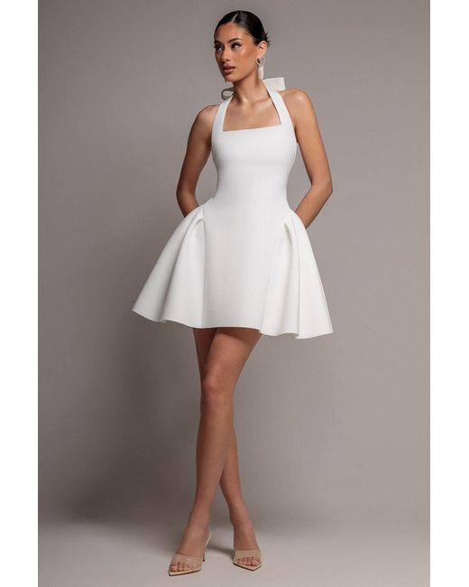 Goddiva Gray Corset Fit And Flare Halter Neck Skater Mini Dress