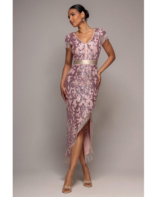 Goddiva Multicolor Embroidered Sequin Tassel Front Split Midaxi Dress