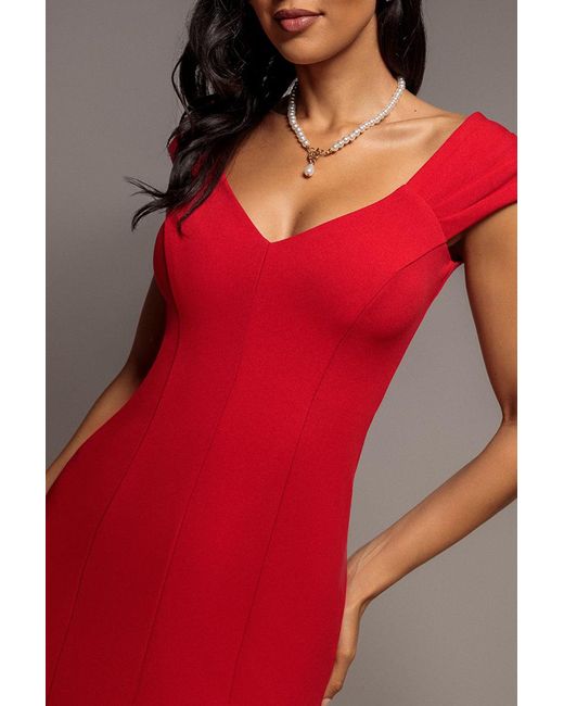 Goddiva Red Capped Sleeve V Neck Pleated Fit & Flare Maxi Dress