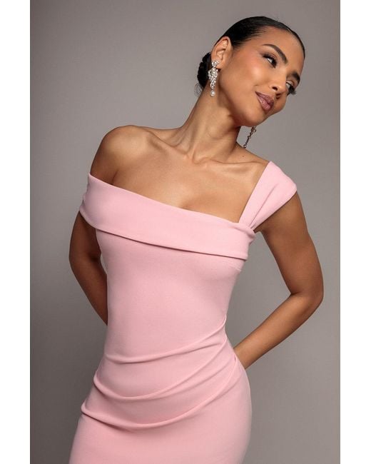 Goddiva Pink Off The Shoulder Pleated Waist Maxi Dress