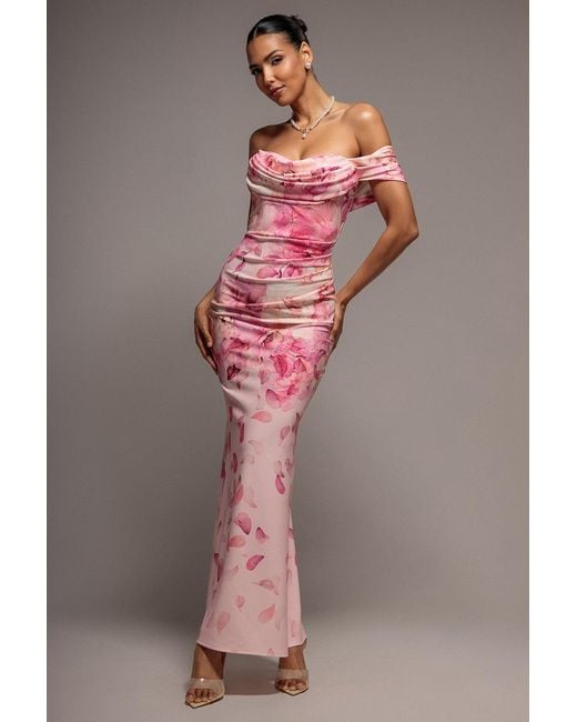 Goddiva Gray Printed Cowl Neck Pleated Waist Maxi Dress