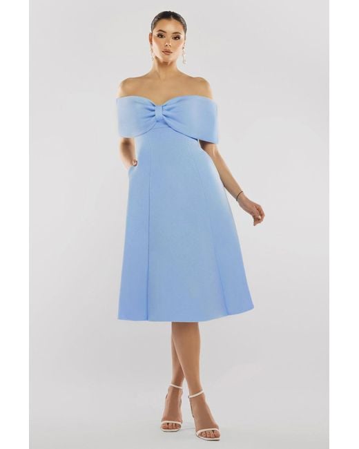 Goddiva Blue Bow Off The Shoulder A Line Midi Dress