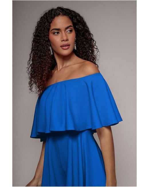 Goddiva Blue Off The Shoulder Frill Neck Skater Romper