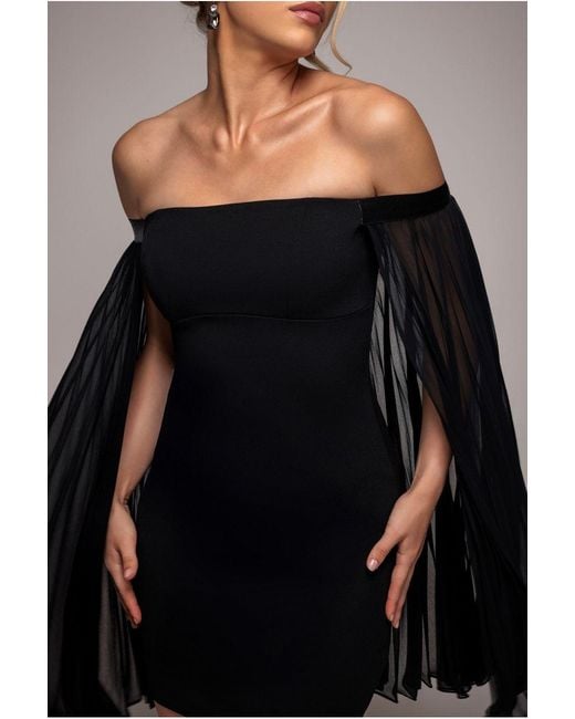 Goddiva Black Strapless Mini Dress With Pleated Chiffon Cape