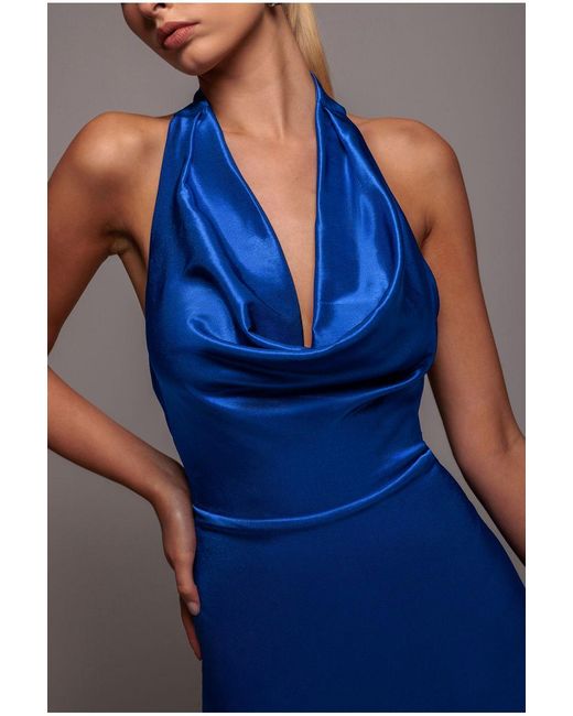 Goddiva Blue Halter Cowl Neck Back Maxi Dress