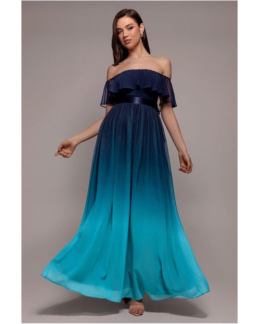 Goddiva Blue Ombre Chiffon Bardot Frill A-Line Maxi Dress