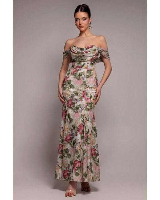 Goddiva Natural Cowl Neck Floral Print Jacquard Chiffon Maxi Dress