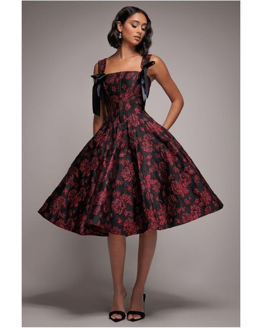 Goddiva Brown Jacquard Multiway Bow Strap Skater Midi Dress