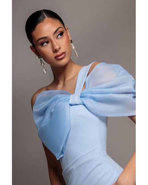 Goddiva Black Organza Bow One Shoulder Scuba Crepe Maxi Dress