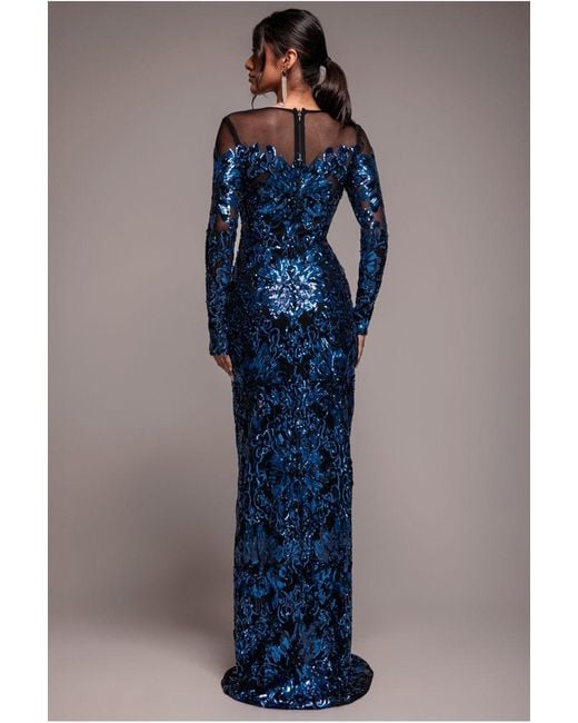 Goddiva Blue Floral Sequin Mesh Maxi